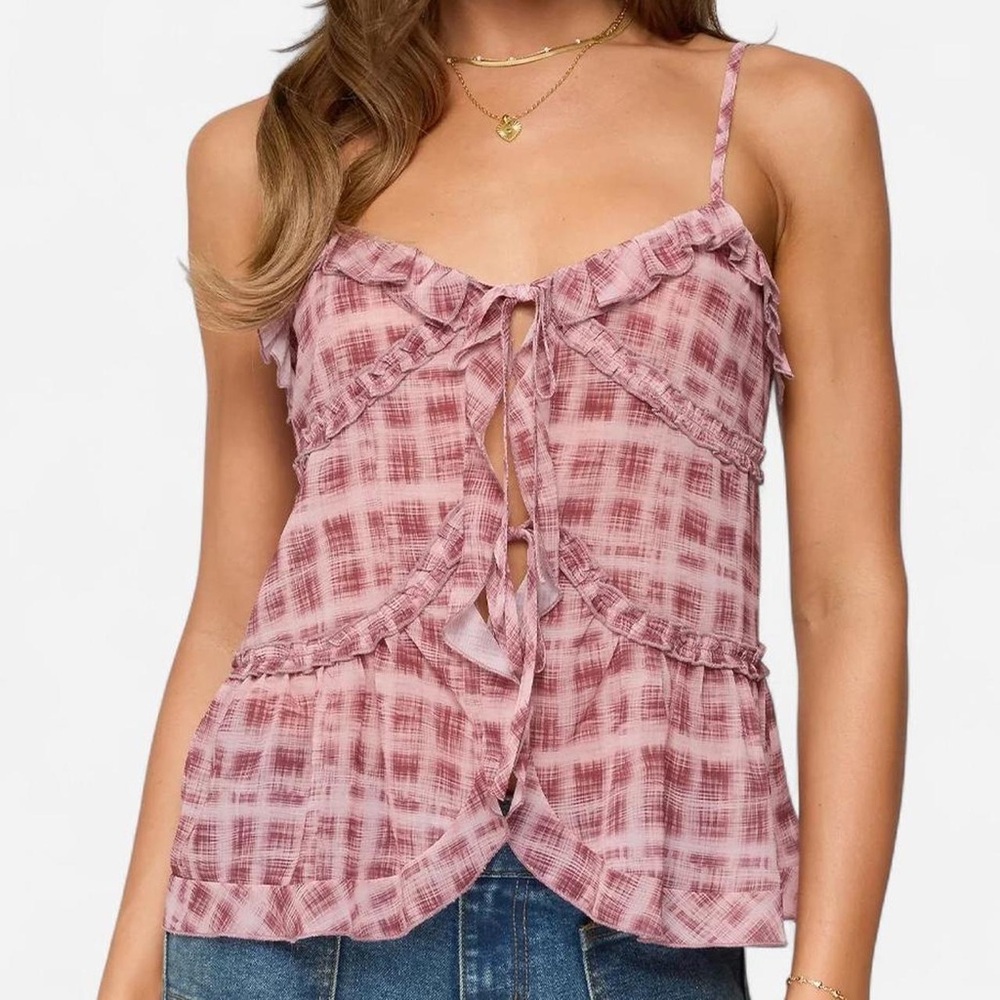 Edikted NWT Women's Pink Plaid Ruffle Top